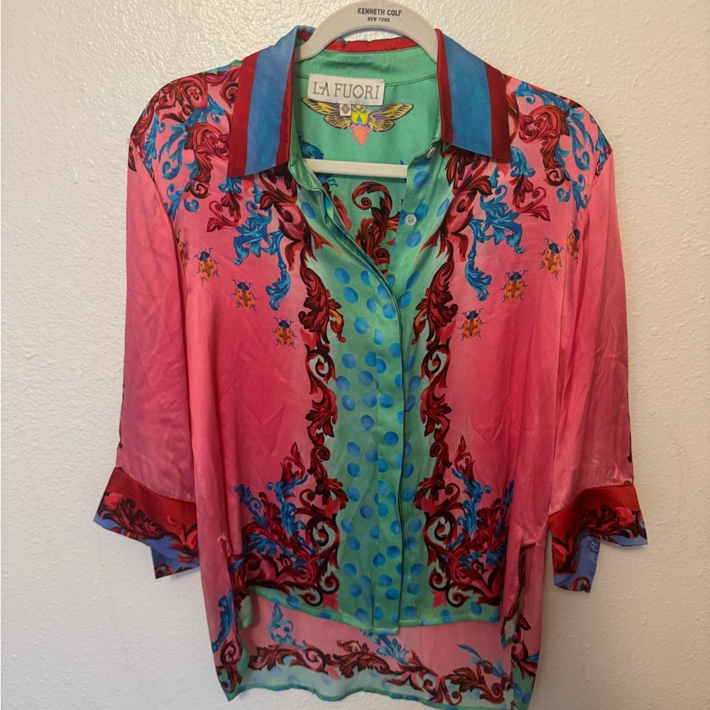 Women's 100% silk La Fuori Pink and Blue Top size S